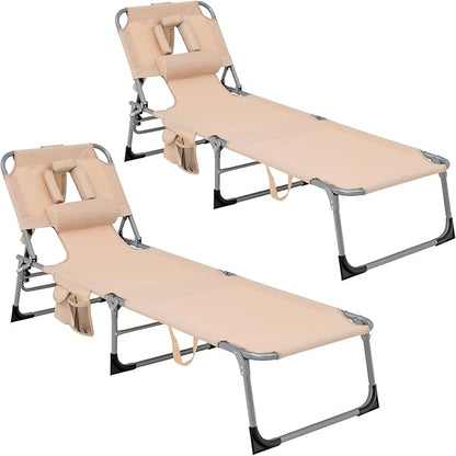 GYMAX Tanning Chair, Folding Beach Lounger with Face Arm Hole, Adjustable Backrest, Side Pocket & Carry Handle, Outside Sunbathing Lounge Chair for Patio, Poolside, Lawn (2, Sand)