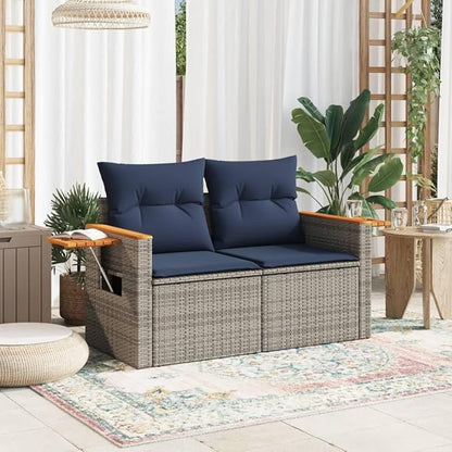 2-Seater Patio Sofa with Foldable Side Table, Outdoor Loveseat Garden Bench with Acacia Wood Accents, Gray PE Rattan Furniture with Navy Blue Cushions