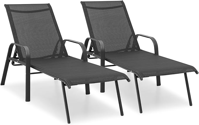 Magshion Outdoor Chaise Lounge Chair Set of 2, Patio Pool Lounger Chairs with 5 Position Adjustable Backrest, Tanning Recliner for Sunbathing, Beach, Deck, Lawn, Yard, Balcony, Poolside, Black