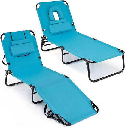 COSTWAY Tanning Chair with Face Hole, Pillows & Adjustable Backrest, Portable with Carrying Bag, Folding Beach Chaise Lounge for Sunbathing, Seaside (2, Turquoise)
