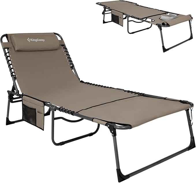 KingCamp Tanning Chair with Face Hole, Lounge Chairs Outdoor Folding Comfy Adjustable 5-Position Lay Flat Foldable Chaise Chaser Lounger for Outside Beach Patio Sun Bathing Pool, Beige