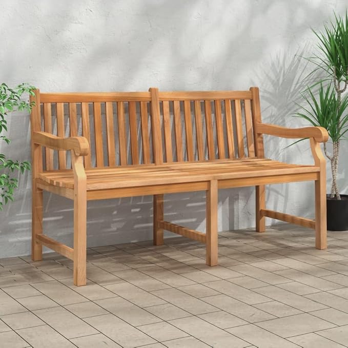 Heavy Duty Solid Teak Wood Garden Bench Light Brown Vintage Style Outdoor Seating for Patio Rustic Charm Weather Resistant Durable Construction