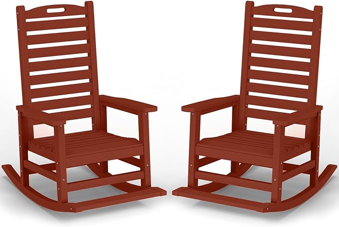 PLUUV Outdoor Rocking Chair Set of 2 with Removable Footboard for Adults, HDPE High Back Patio Rocking Chairs, 330lbs All Weather Porch Rocking Chairs for Outdoor & Indoor -Reddish Brown