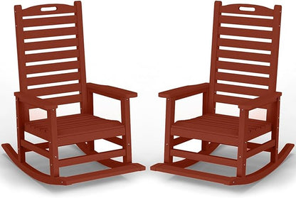 PLUUV Outdoor Rocking Chair Set of 2 with Removable Footboard for Adults, HDPE High Back Patio Rocking Chairs, 330lbs All Weather Porch Rocking Chairs for Outdoor & Indoor -Reddish Brown