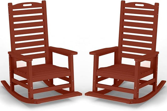 PLUUV Outdoor Rocking Chair Set of 2 with Removable Footboard for Adults, HDPE High Back Patio Rocking Chairs, 330lbs All Weather Porch Rocking Chairs for Outdoor & Indoor -Reddish Brown
