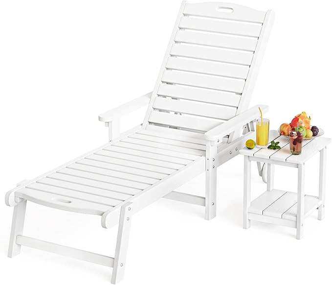 LUE BONA HDPS Chaise Lounge Chair with Table, 2-Piece, Outdoor Pool Lounge Chairs with Adjustable Backrest, Resin Patio Lounge Chairs with Wheels for Outside, Poolside, White