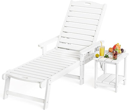 LUE BONA HDPS Chaise Lounge Chair with Table, 2-Piece, Outdoor Pool Lounge Chairs with Adjustable Backrest, Resin Patio Lounge Chairs with Wheels for Outside, Poolside, White