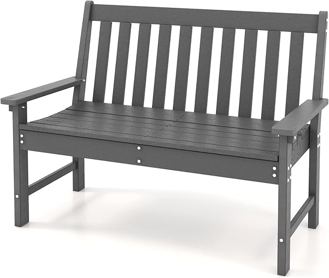 Tangkula HDPE Outdoor Garden Bench with Backrest, 2-Person All-Weather Patio Loveseat Chair with Slatted Seat, 705 lbs Weight Capacity, Patio Benches for Balcony, Garden, Porch, Backyard & Park, Grey