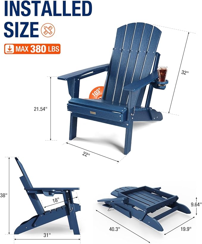 Adirondack Chair with Cup Holder: Folding Adirondack Chairs Plastic HDPE Material Furniture - Composite Fire Pit Chairs Foldable for Outdoor/Backyard/Garden/Lawn/Deck/Porch/Patio