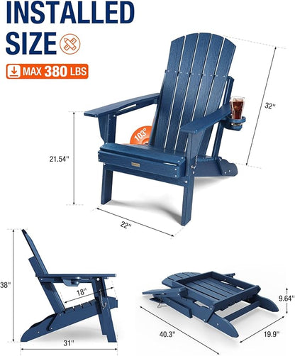 Adirondack Chair with Cup Holder: Folding Adirondack Chairs Plastic HDPE Material Furniture - Composite Fire Pit Chairs Foldable for Outdoor/Backyard/Garden/Lawn/Deck/Porch/Patio