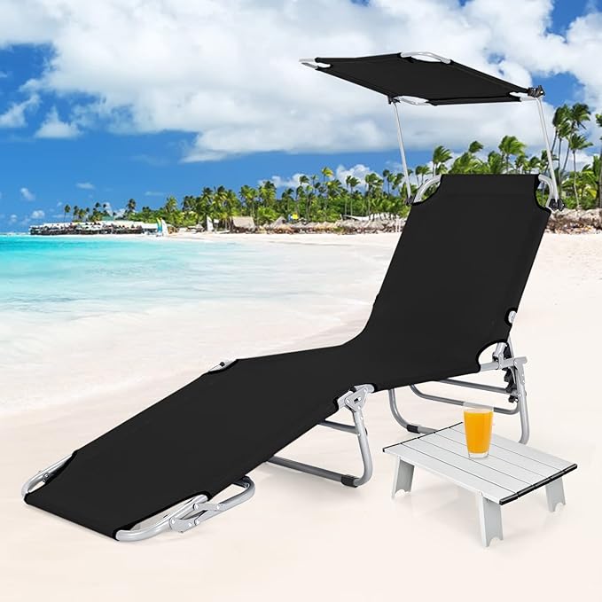 GYMAX Tanning Chair, Beach Lounge Chair with Canopy Sunshade, Carry Handle & Pocket, 5 Level Adjustable Layout Chaise Lounge for Outside, Folding Sunbath Chair for Outdoor, Patio, Poolside (2, Black)