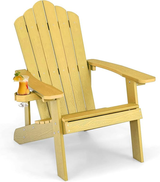 Giantex Outdoor Adirondack Chair - Oversized Patio Chairs w/Hidden Cup Holder, Realistic Wood Grain, 380 LBS Weight Capacity, Weather Resistant Firepit Chairs for Backyard, Garden (1, Yellow)
