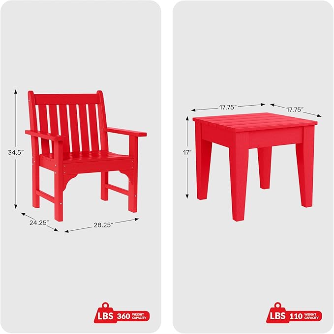Costaelm Outdoor Patio Table and Chairs Set of 2, 2-Piece HDPE Garden Chair with Square Adirondack Side Table Set, Porch Chairs Coffee Table for Outside Porch Backyard, Red