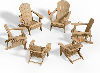 Folding Adirondack Chairs with Cup Holders, Set of 6 HDPE Plastic Outdoor Chairs, Weather Resistant, Real Wood Look, Heavy-Duty Patio Furniture for Deck, Fire Pit, Backyard, Brown