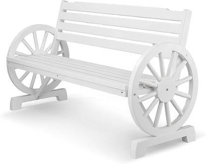 VINGLI 55" Rustic Wooden Wheel Bench Outdoor Bench, 2-Person Patio Bench Wagon Slatted Seat, Garden Benches for Outdoors 350lbs High Capacity, Weather Resistance (White)