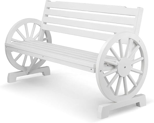 VINGLI 55" Rustic Wooden Wheel Bench Outdoor Bench, 2-Person Patio Bench Wagon Slatted Seat, Garden Benches for Outdoors 350lbs High Capacity, Weather Resistance (White)