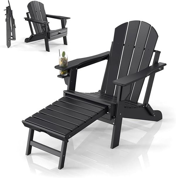 VINGLI Folding Adirondack Chair with Ottoman, Waterproof Plastic HDPE Firepit Chair for Outside with Hidden Footrests - Photo 1