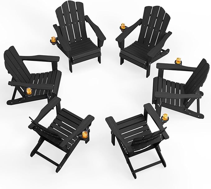KINGYES Folding Adirondack Chair Set of 6, HDPE All-Weather Patio Chairs with Cup Holder, Wooden Textured Fire Pit Chairs for Poolside, Backyard, Deck, Grey