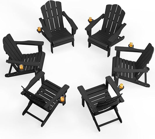 KINGYES Folding Adirondack Chair Set of 6, HDPE All-Weather Patio Chairs with Cup Holder, Wooden Textured Fire Pit Chairs for Poolside, Backyard, Deck, Grey