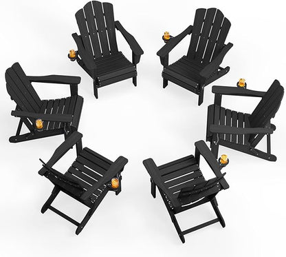 KINGYES Folding Adirondack Chair Set of 6, HDPE All-Weather Patio Chairs with Cup Holder, Wooden Textured Fire Pit Chairs for Poolside, Backyard, Deck, Black
