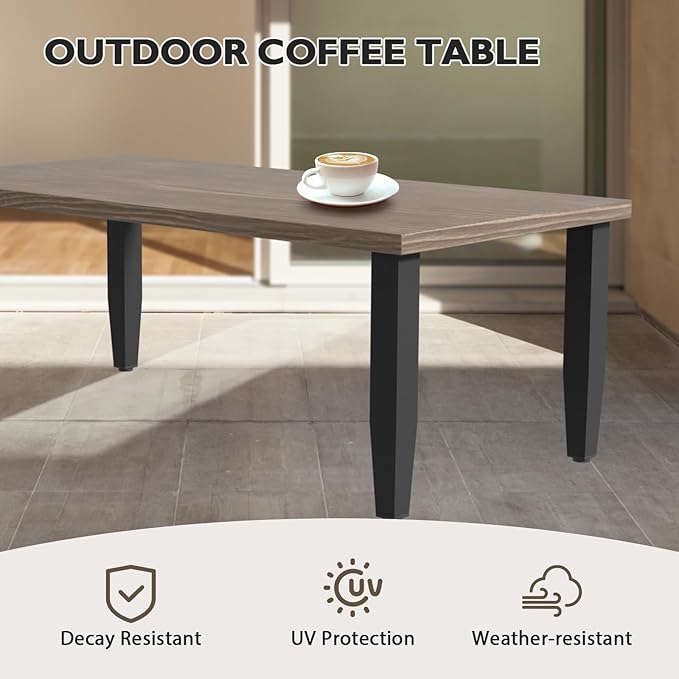 EAGLE PEAK Modern Outdoor Table, Patio Coffee Table with Wood Grain Top for Deck, Porch, Balcony, Garden