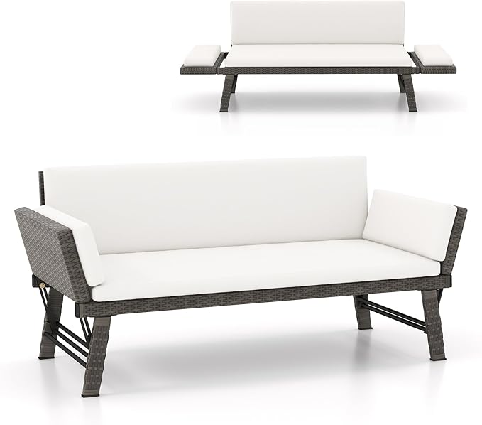 Tangkula Outdoor Convertible Sofa Daybed with Adjustable Armrests, PE Rattan Patio Couch Furniture with Removable Cushions, Patio Chaise Lounge Loveseat for Porch, Balcony, Backyard, Poolside