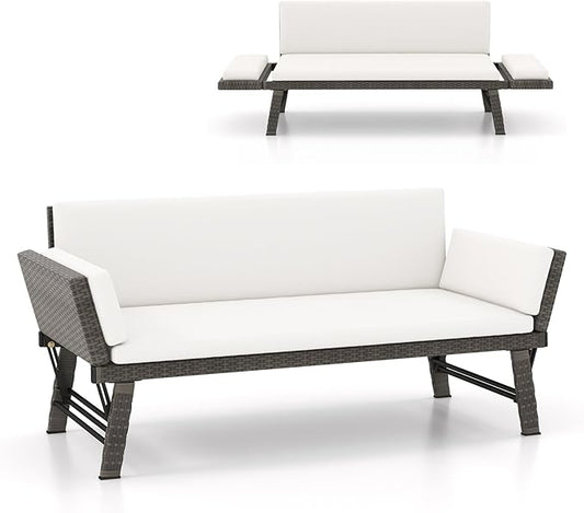 Tangkula Outdoor Convertible Sofa Daybed with Adjustable Armrests, PE Rattan Patio Couch Furniture with Removable Cushions, Patio Chaise Lounge Loveseat for Porch, Balcony, Backyard, Poolside