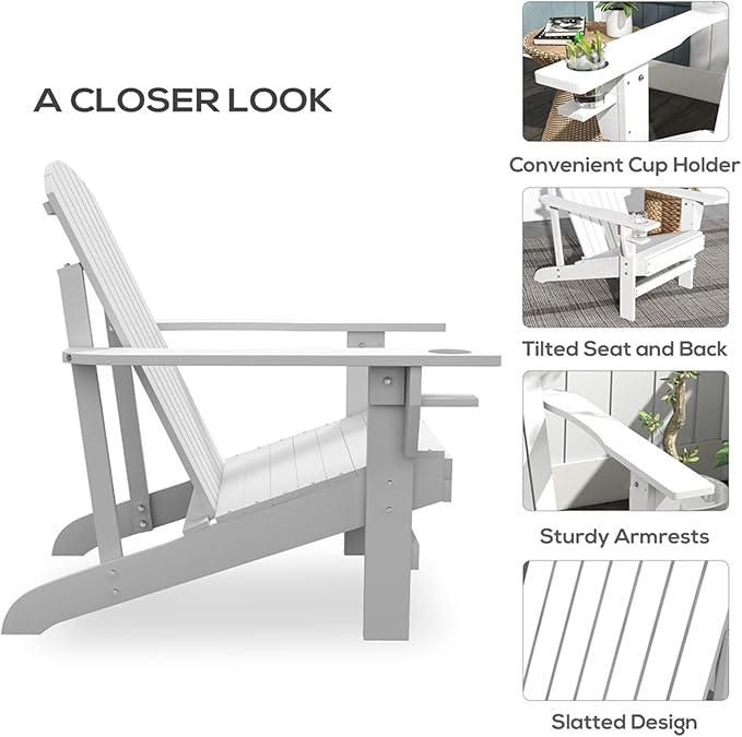 Folding Adirondack Chair, Weather Resistant Outdoor Patio Chair with Cup Holder for Lawn, Backyard, Poolside(White)