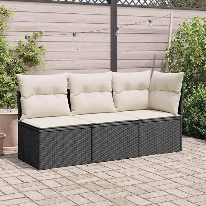 Armless Garden Chair Black Cream White with Under-Seat Storage, Sturdy Poly Rattan Weather Resistant Outdoor Furniture for Patio Lounge, Modular Design Comfortable Seating