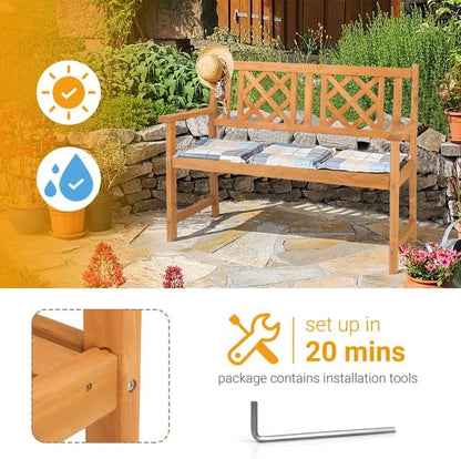 Outdoor Garden Wooden Bench with Fir Grid Back, Burlywood Patio Seat for Porch Deck Yard, Weather-Resistant Slatted Design with Armrests, Folding Structure for Comfort Lounging and Rustic Style Décor