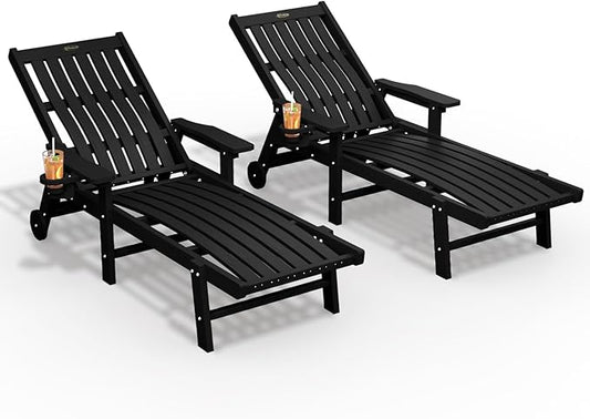 THOEOE Patio Chaise Lounge Chair Set of 2, Oversized Lounge Chair Outdoor with 5 Positions, HDPE, Patio Lounge Chair with Wheels & Cup Holder for Pool, Deck, Poolside,Black
