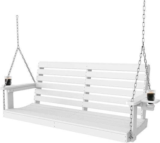 Plawdlik Porch Swings,2 Seat Patio Chair with Two Cup Holders,HDPE Waterproof Bench for Courtyard-White