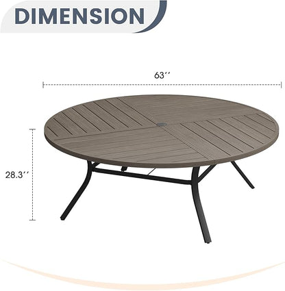 VICLLAX 63" Round Patio Dining Table for 8-10, All Weather Metal Outdoor Table with 1.57" Umbrella Hole and Surdy Frame for Garden Lawn Deck, Grey