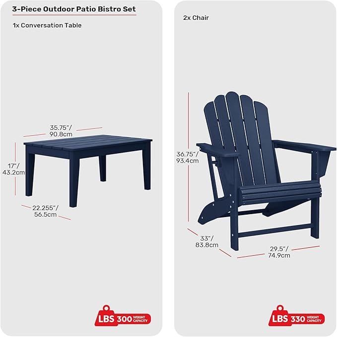 Costaelm Lakeview 3-Piece Adirondack Chairs with Cup Holders and Coffee Table Set, Navy Blue