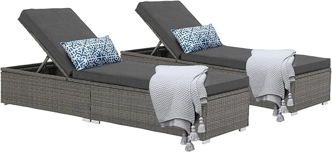 Patiorama Outdoor Patio Chaise Lounge Chair, Elegant Reclining Adjustable Pool Rattan Chaise Lounge Chair with Cushion, Grey PE Wicker, Steel Frame, Dark Grey, Set of 2