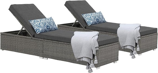 Patiorama Outdoor Patio Chaise Lounge Chair, Elegant Reclining Adjustable Pool Rattan Chaise Lounge Chair with Cushion, Grey PE Wicker, Steel Frame, Dark Grey, Set of 2