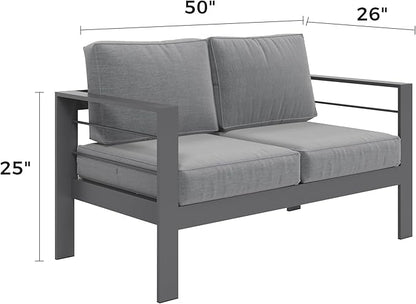 Kiss the Water Outdoor Patio Furniture Loveseat Sofa, All-Weather Metal Aluminum Patio Couch with 5" Thick and Soft Cushion and Wide Arm, Outdoor Couch for Balcony, Porch, Backyard
