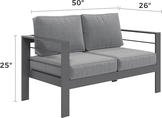 Kiss the Water Outdoor Patio Furniture Loveseat Sofa, All-Weather Metal Aluminum Patio Couch with 5" Thick and Soft Cushion and Wide Arm, Outdoor Couch for Balcony, Porch, Backyard