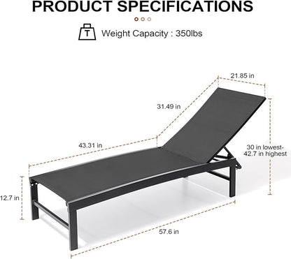 Crestlive Products Chaise Lounge Chair Outdoor Set of 2, Adjustable 5 Positions Pool Lounge Chairs, Metal Tanning Recliner, Outdoor Furniture All Weather for Patio, Beach, Yard, Pool（Black）