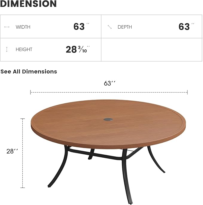 Patio Dining Table for 8-10, Round Metal Outdoor Table with 1.57" Umbrella Hole, 63" Outdoor Slat Tabletop Dining Table for Backyard, Porch, Lawn, Walnut