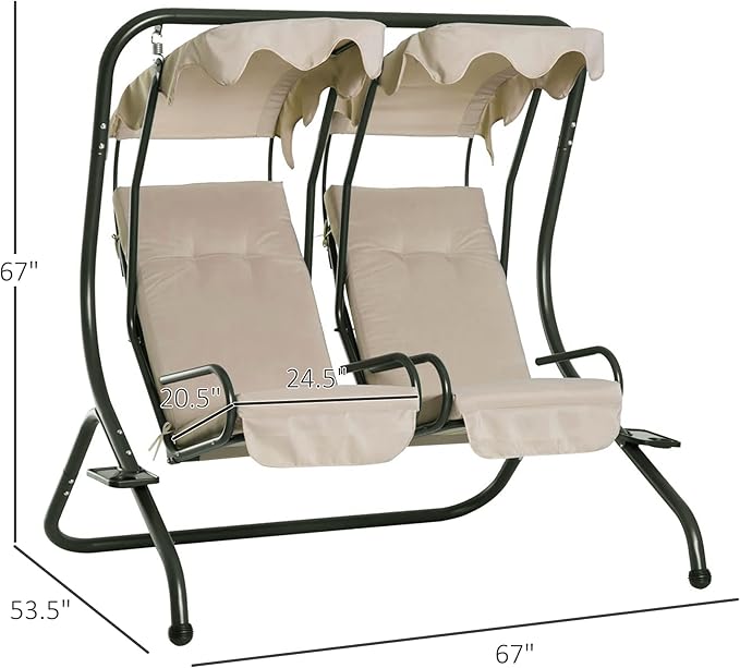 Outsunny Patio Swing Chair with 2 Separate Seats, Outdoor Swing Glider with Removable Canopy and Cup Holders, for Porch - Photo 7