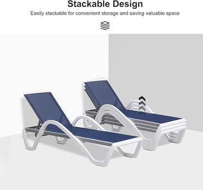 PURPLE LEAF Patio Chaise Lounge Chair Outdoor Plastic Textilene Sun Bathing Recliner Tanning Pool Lounger with 6 Adjustable Position for Outside Beach in-Pool Lawn Poolside, Navy Blue