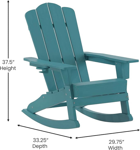 EMMA + OLIVER Tiverton Adirondack Rocking Chair with Cup Holder, Weather Resistant Poly Resin Adirondack Rocking Chair, Blue
