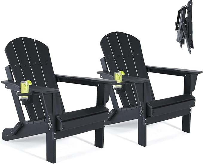 Folding Adirondack Chairs Set of 2- Plastic Adirondack Chairs with Cup Holder, Weather Resistant for Outdoor, Patio, Lawn, Garden, Backyard Deck, Fire Pit - Black