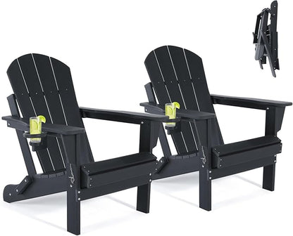 Folding Adirondack Chairs Set of 2- Plastic Adirondack Chairs with Cup Holder, Weather Resistant for Outdoor, Patio, Lawn, Garden, Backyard Deck, Fire Pit - Black