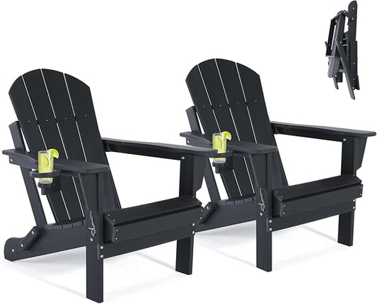 Folding Adirondack Chairs Set of 2- Plastic Adirondack Chairs with Cup Holder, Weather Resistant for Outdoor, Patio, Lawn, Garden, Backyard Deck, Fire Pit - Black