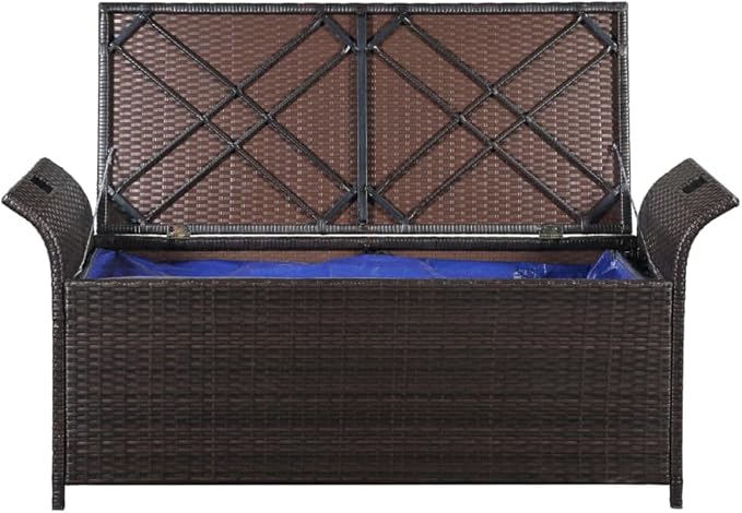Storage Bench,Benches for Outside,Porch Bench,Yard Bench,Garden Bench,with Cushion,for The Front Porch,Deck, Balcony,Backyard,Outdoor,Lawn,Yard,Park,Path,Brown,54.3" Poly Rattan