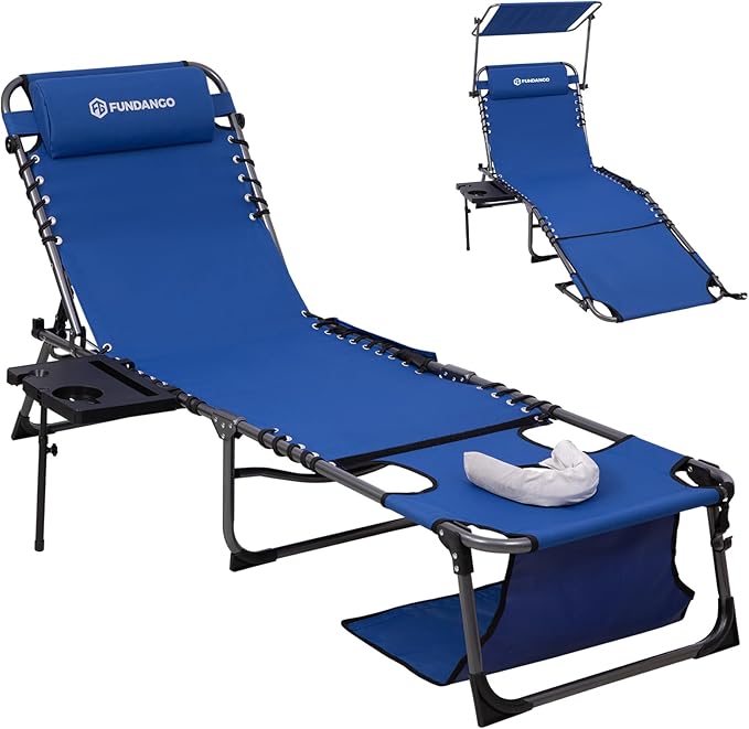 FUNDANGO Heavy Duty Tanning Chair with Face Hole & Canopy, 400lbs Beach Lounge Chair with Side Table - Photo 1