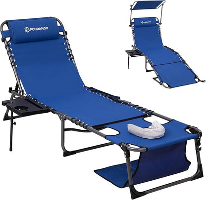 FUNDANGO Heavy Duty Tanning Chair with Face Hole & Canopy, 400lbs Beach Lounge Chair with Side Table, 5-Position Sun Lounger for Outdoor Patio Pool-Face Down Chaise with Anti-Pinch Safety Lock,Blue