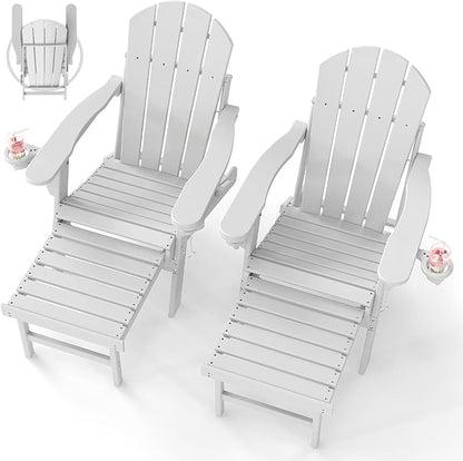 BRIOPAWS Adirondack-Chairs-with-Pull-Out-Footrest | Set of 2 | Folding | HDPE Plastic | Fire Pit Chair | All Weather | Cup Holders | Curved Back | Retractable Ottoman | for Poolside Deck | White